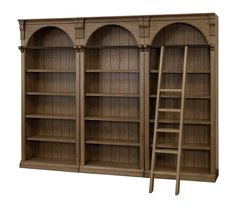 the bookcase is made from wood and has three shelves with ladders on each side