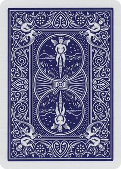 a blue and white playing card with an image of a man on the top of it