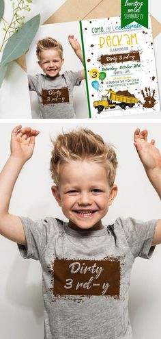 a boy is smiling and holding his hands up in the air while wearing a construction birthday shirt