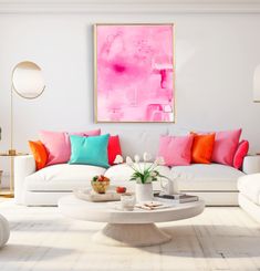 a living room filled with white furniture and colorful pillows