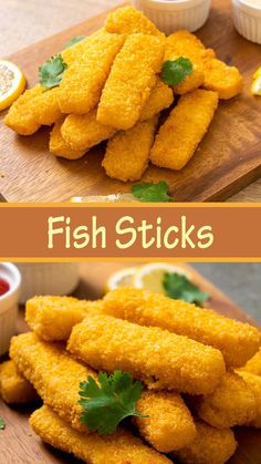 fried fish sticks on a cutting board with dipping sauce and lemon wedges in the background