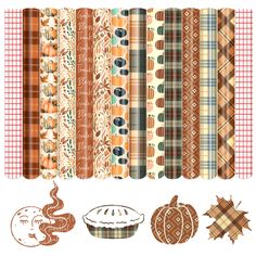 an assortment of pumpkins and plaid paper for scrapbooking or crafting, with different patterns