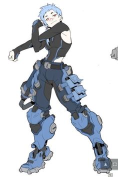 a drawing of a person with blue hair and an armor suit, standing in front of a