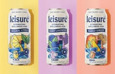 three cans of leisure sparkling watermelon, lemonade and grapefruit on multicolored background