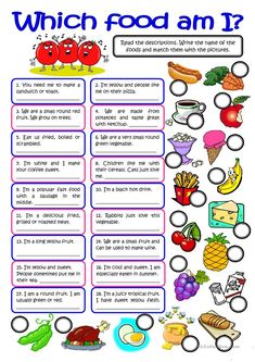 a poster with words and pictures to describe which food am i? in english or spanish