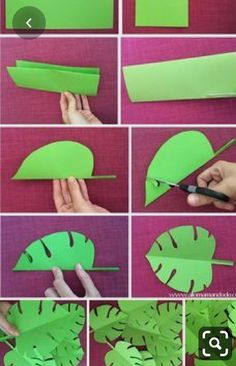 the steps to make a paper leaf with scissors and some cut out leaves on it