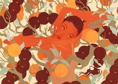 an illustration of a woman in the middle of orange trees with her arms wrapped around her head