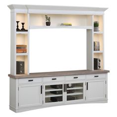 a white entertainment center with shelves and lights on the top, along with bookshelves