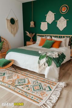 Boho bedroom with deep green and vibrant orange accents, rattan furniture, and cozy textiles. Green Boho Bedroom Ideas, Coastal Boho Bedroom, Green Boho Bedroom, Green Accent Wall, Cozy Boho Bedroom, Modern Boho Bedroom