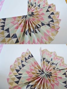 two pictures of an origami fan with different colors and patterns on it, one is folded in half