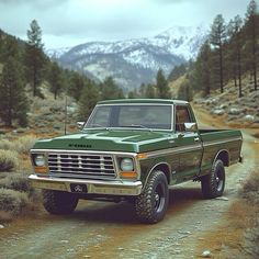 a green truck parked on the side of a dirt road