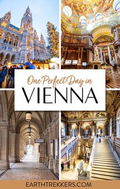 the inside of an old building with stairs, arches and ceilings in different pictures that say one perfect day in vienna