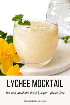 lychee mocktail in a glass next to yellow flowers with a jug in the background. Lychee Mocktail, Mint Mocktail, Fizz Mocktail, Drink For Summer, Easy Mocktail Recipes, Fibro Fog, Summer Drinks Alcohol