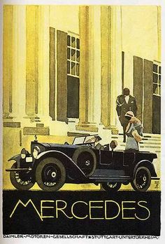 an advertisement for mercedes shows a man and woman standing in front of a classic car