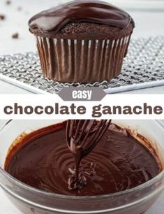 chocolate ganache being poured into a cupcake