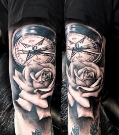 a man's arm with a clock and roses on it