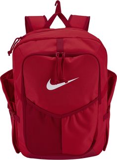 a red backpack with a white nike logo on it