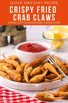 crispy fried crab claws on a plate with ketchup