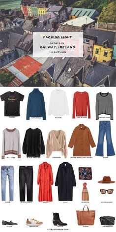 What to Pack for Galway, Ireland in Autumn Travel Capsule Wardrobe Fall Ireland, Ireland Fall Packing List, Ireland Fall Outfits, Ireland Outfit Fall, Traveling Wardrobe, Packing Capsule, Capsule Packing, Ireland Clothes