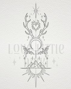 an image of a tattoo design with deers and stars in the middle, on white paper