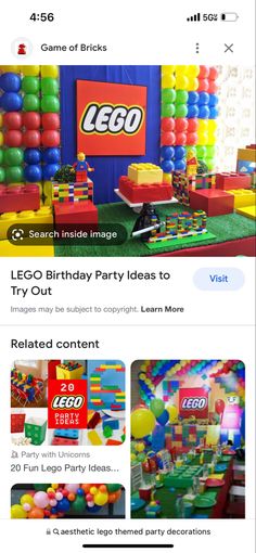 the lego birthday party is displayed on an iphone screen, and it appears to be being viewed