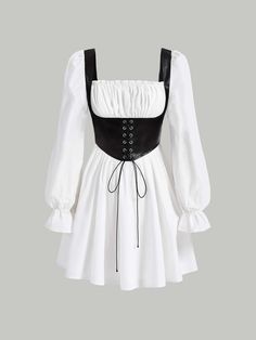 Black and White Casual Collar Long Sleeve Woven Fabric Colorblock A Line Embellished Non-Stretch  Women Clothing Outfit 90s, Korean Fashion Dress, Kawaii Dress, Ruffle Long Sleeve, Aesthetic Clothes, Pretty Outfits