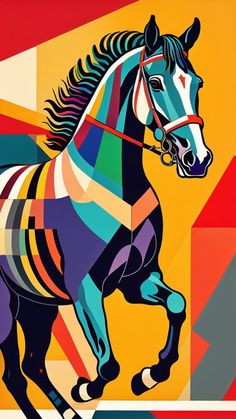 a painting of a horse running with colors on it's face and tail, in front of an orange background