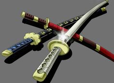 two different types of swords are shown in this image, one is red and the other is blue