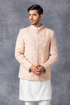 Buy Blue Terry Cotton Embroidered Zardozi Nairobi Jungle Achkan Trouser Set For Men by Paarsh Online at Aza Fashions. Bandhgala For Men, Lucknowi Embroidery, Peach Embroidery, Zardozi Work, Embroidered Motifs, Luxury Sale, Kurta With Pants, Nairobi