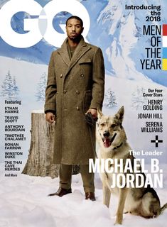 a man standing next to a dog on the cover of a magazine