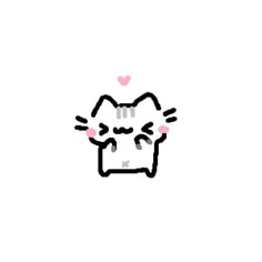 a black and white drawing of a cat's face with pink hearts in the background