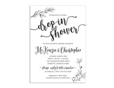 the drop in shower card is shown with black ink on white paper, and has an elegant