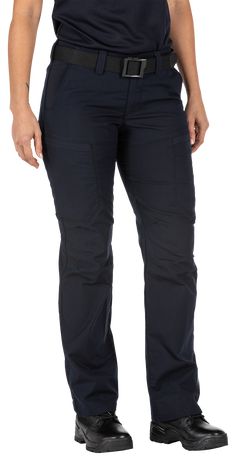 Flex-Tac mechanical stretch canvas combines with a PTFE finish to deliver unimpeded mobility and supreme stain performance unlike any ordinary women's tactical pants. 5.11 Tactical Apex Pants for Ladies have been designed with input from female first-responders, and they feature a comfort waistband, low-profile cargo pockets, and extra rear pockets. The low-profile cargo pockets have a convenient zip closure. The additional twin pockets at the rear will stow more mags or like-sized item, should Black Tactical Pants, Womens Tactical Pants, Tactical Pants, First Lady, Good Brands, Dark Navy, Stretch Canvas, Black Jeans, Stain