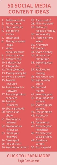 the 50 social media content ideas list is shown in red and white, with text overlay