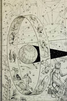 an old book with drawings on it and people looking at the stars in the sky