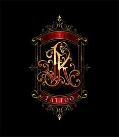 the letter k is made up of ornate gold and red lettering on a black background