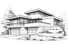 a drawing of a modern house with trees and rocks in the foreground, on a white background