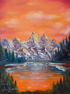 a painting of a mountain range with trees and water in the foreground at sunset