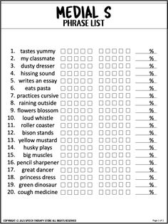 the printable medical phrase list is shown in black and white, with numbers on it