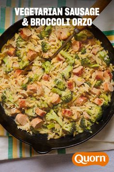 broccoli and rice in a skillet with the words vegetarian sausage and broccoli orzo