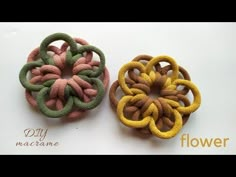 two different types of fabric flowers on a white surface with the words diy macrame written below them