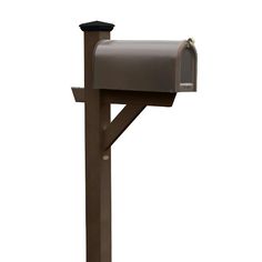 a green mailbox mounted to the side of a wooden post with a black top