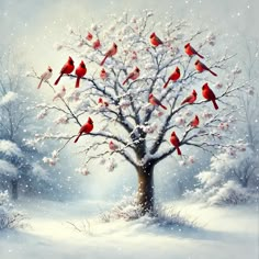 a painting of red birds perched on the branches of a tree in a snowy landscape