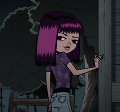 an animated girl with purple hair standing in front of a tree