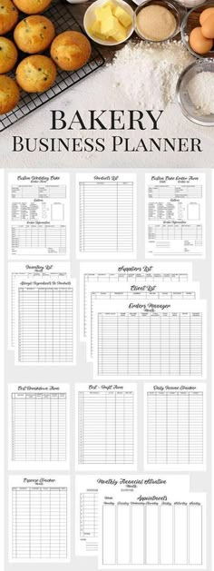 the bakery business planner is displayed on a table with muffins and cupcakes