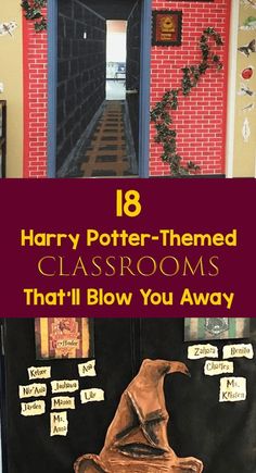 Book Door Decorations, Classroom Harry Potter, Medieval Classroom, Harry Potter Classroom Theme, Harry Potter Door, Magical Classroom, Harry Potter Display, Harry Potter Classes, Harry Potter Library