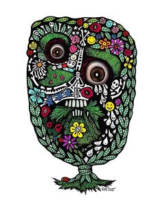 a drawing of an owl with flowers on it's head