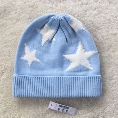 Nwt! Adorable Winter Hat Light Blue Knit With Stars Small/Medium Crewcuts Pet Free/Smoke Free Home Blue Beanie Aesthetic, Hat With Stars, Cute Blue Beanie Hat, Blue Knit Beanie Hat, Star Beanie, Blue One Size Beanie Hat, Playful Blue Winter Beanie, White Bucket Hat, Light Blue Knit