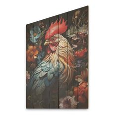 a rooster painted on the side of a wooden fence with flowers and butterflies around it