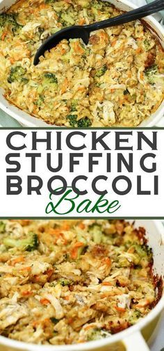 chicken and broccoli casserole is in a white dish